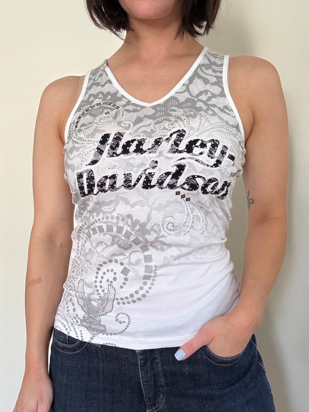 Harley-Davidson White Lace-Print Racerback Tank S